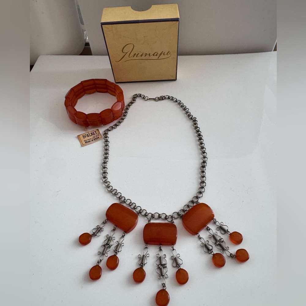 Vintage Baltic Amber Set Necklace Bracelet USSR Soviet